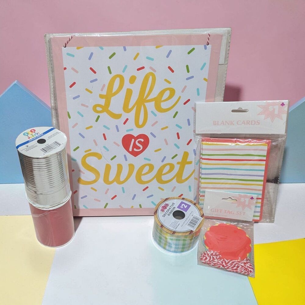 Bright Party Gift Wrap Bundle Set Cards Tags Ribbon Decor Sign “Life is Sweet”